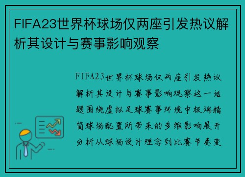 FIFA23世界杯球场仅两座引发热议解析其设计与赛事影响观察